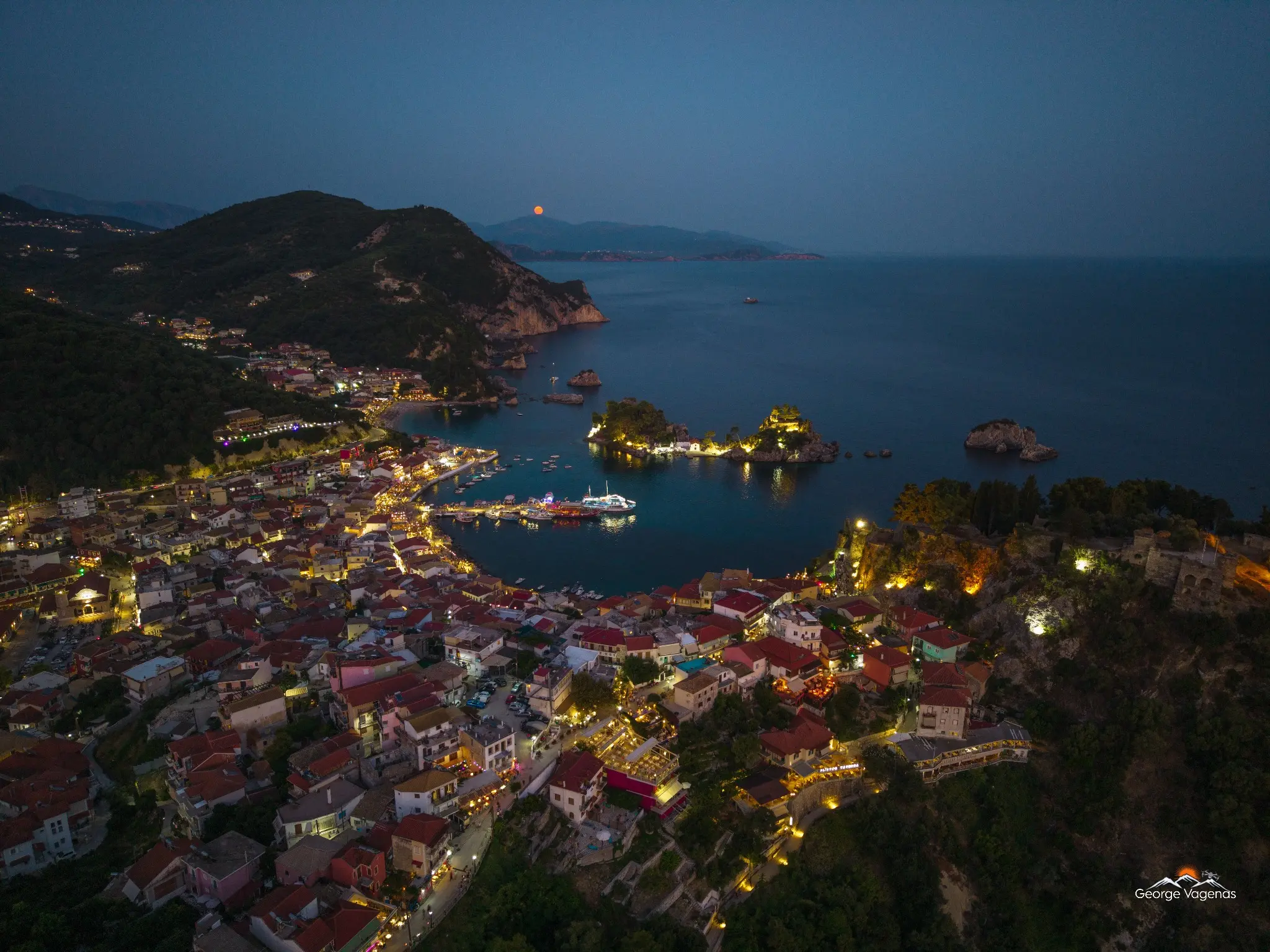 Aerial night photograph of Parga by George Vagenas