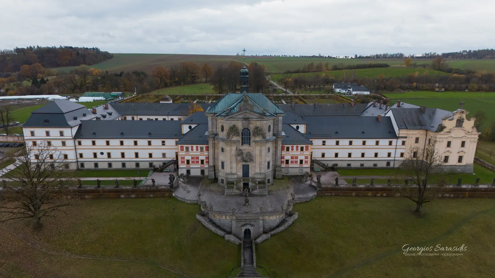 Aerial architectural photograph of a historic monastery complex by Giorgos Sarasidis