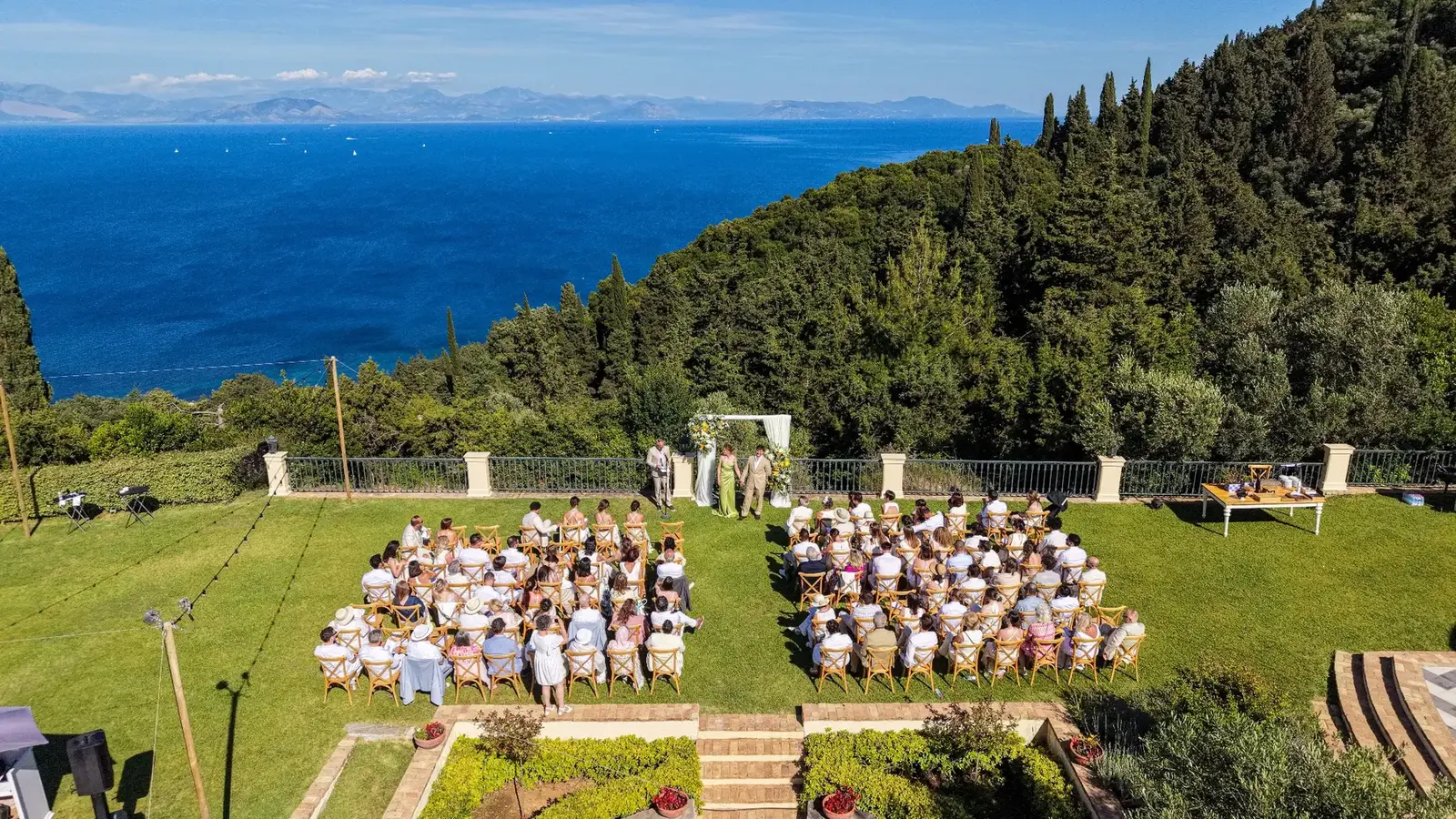 Aerial wedding celebration photography in Corfu by Stamatis Katapodis