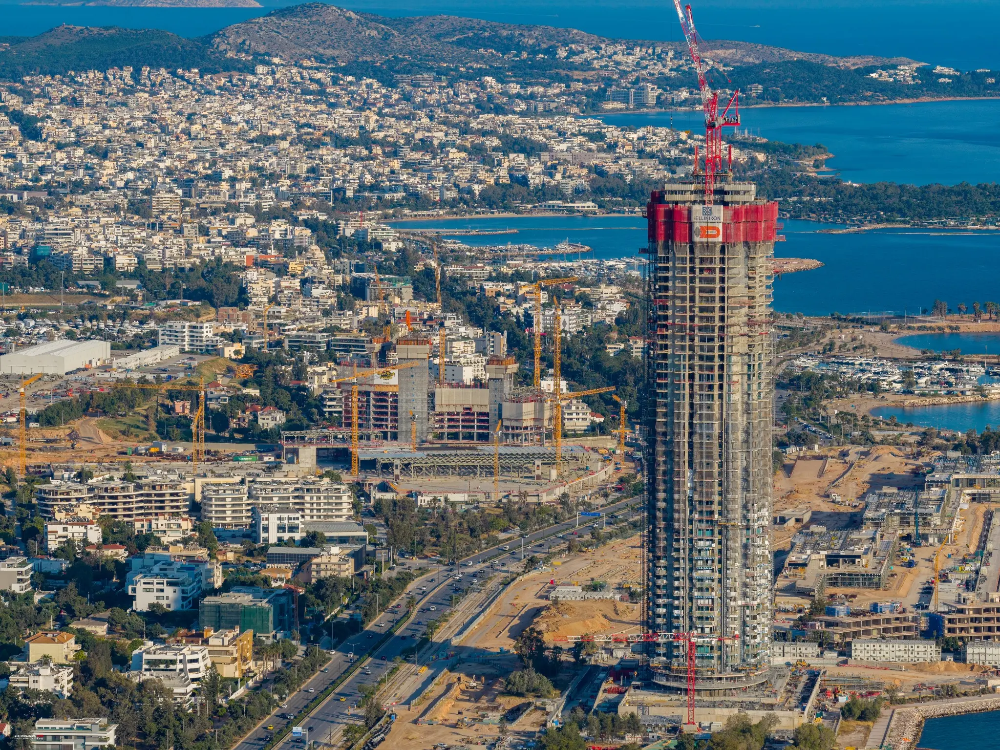Aerial photograph of the Ellinikon construction site and Riviera Tower by Zisimos Zizos
